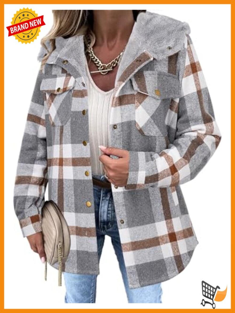 Womens Fleece Lined Plaid Hooded Shacket Jacket Long Sleeve Button Cuffs Cocoon